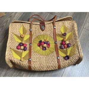 Vintage Acapulco Straw Woven Large‎ Shopper Tote Beach Bag Purse 3D Flowers